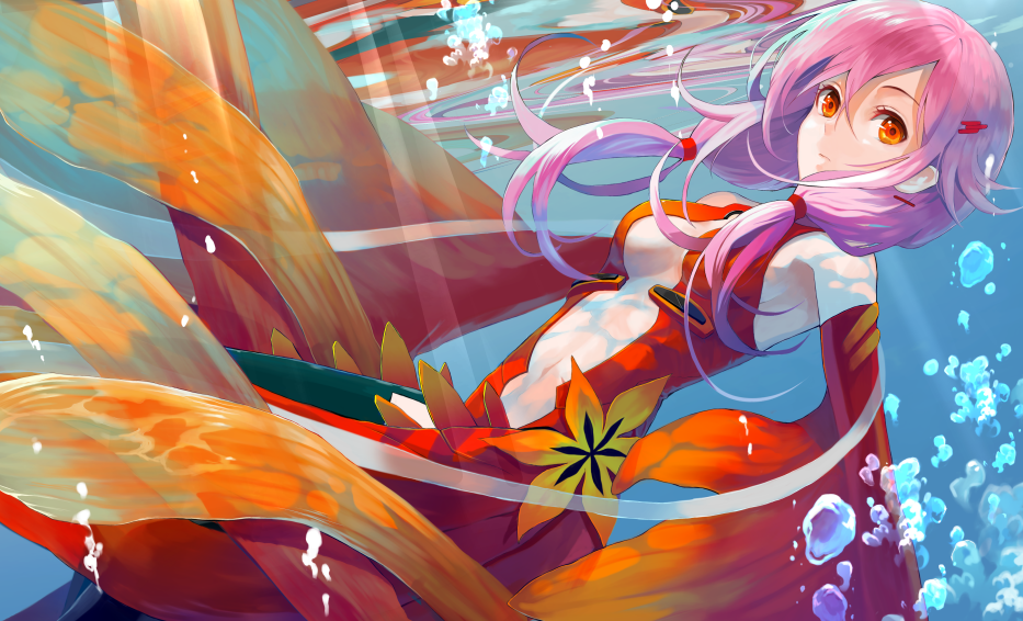 10s, 1girl, bare_shoulders, black_thighhighs, breasts, bubble, center_opening, cleavage, detached_sleeves, female_focus, guilty_crown, hair_ornament, hairclip, koromono, long_hair, low_twintails, midriff, navel, orange_eyes, pink_hair, sideboob, solo, sunlight, thighhighs, twintails, underwater, yuzuriha_inori