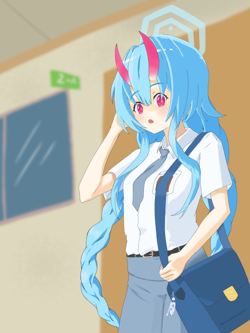 alternate_costume, bag, belt, blue_archive, blue_hair, blue_halo, blurry, blurry_background