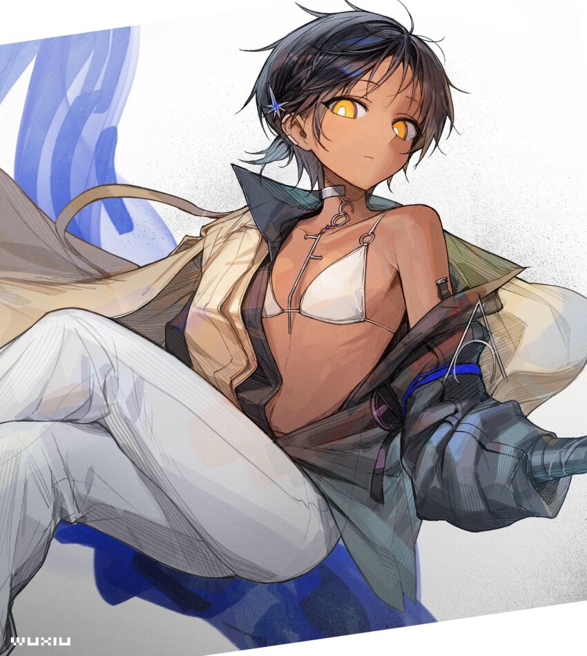 1girl, arknights, bikini, black_hair, breasts, closed_mouth, commentary_request, crossed_legs, dark_skin, genderswap, genderswap_(mtf), hair_ornament, highres, jacket, jewelry, looking_at_viewer, necklace, off_shoulder, open_clothes, open_jacket, orange_eyes, pants, short_hair, simple_background, small_breasts, solo, swimsuit, thorns_(arknights), thorns_the_lodestar_(arknights), white_bikini, white_pants, xiu_xxx_wu