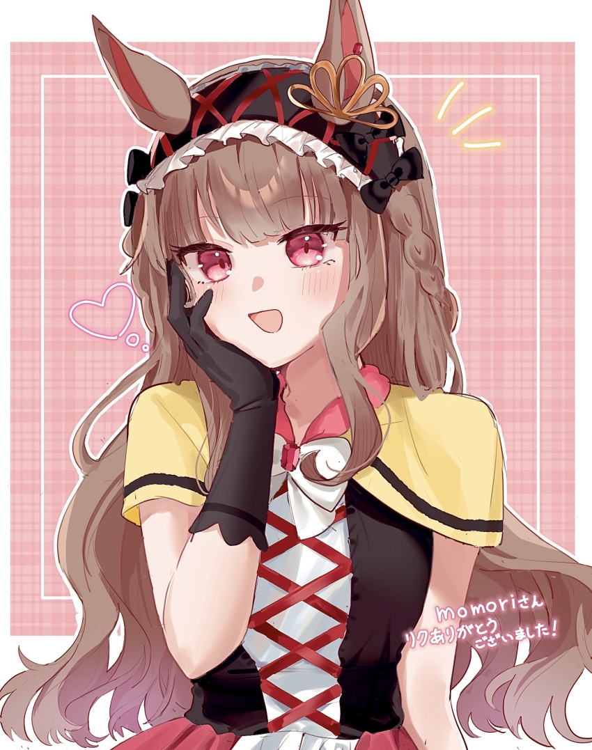 1girl, animal_ears, blunt_bangs, breasts, brown_hair, commentary_request, gloves, hair_between_eyes, hair_ornament, hand_on_own_face, highres, horse_ears, long_hair, looking_at_viewer, original, personification, portrait, purple_eyes, regaleira_(racehorse), simple_background, small_breasts, solo, toumyao_neko, translation_request