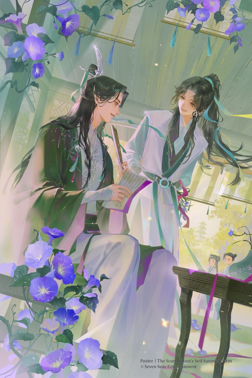 1girl, 3boys, :d, adam's_apple, architecture, arms_behind_back, black_hair, blue_flower