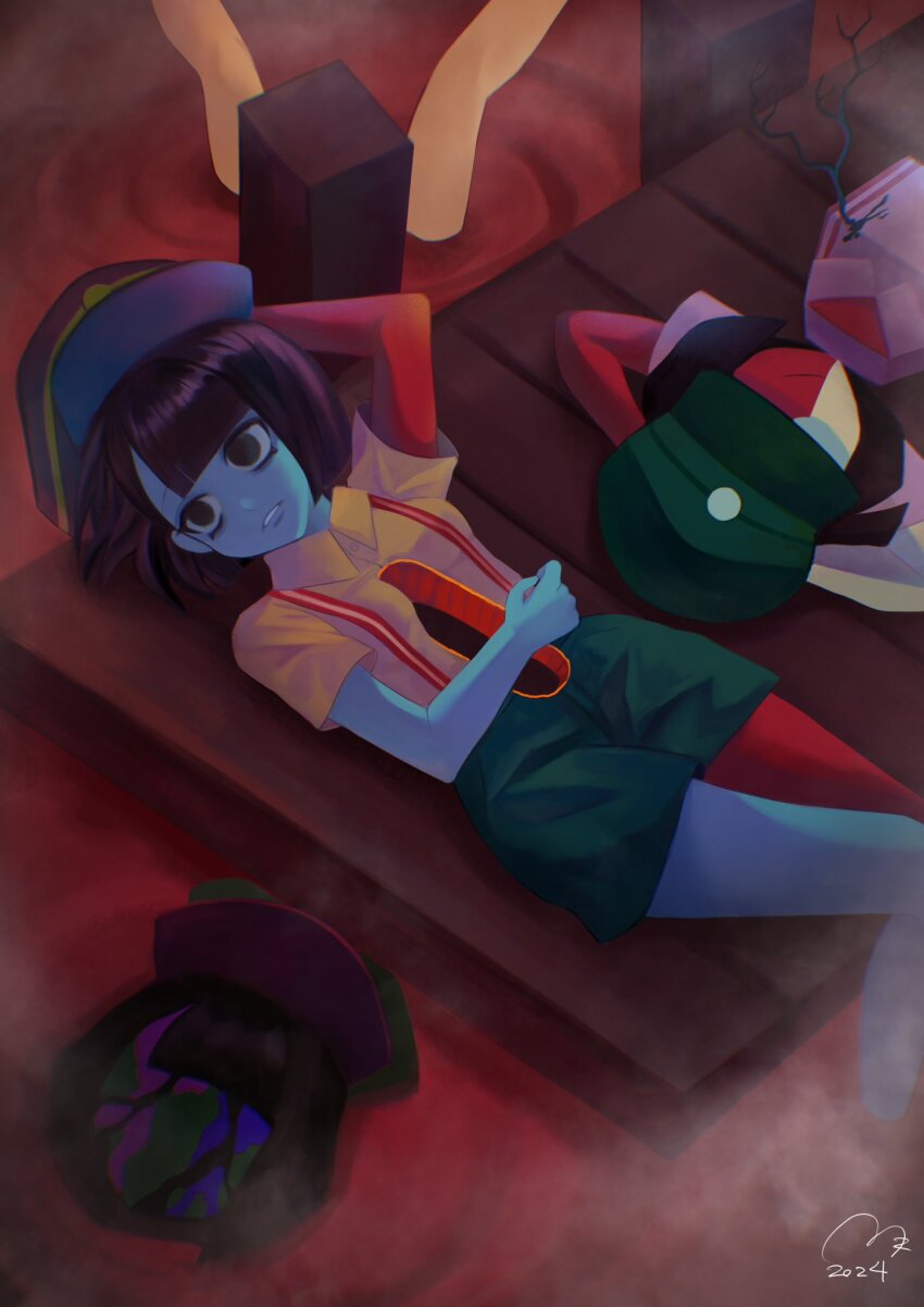 3girls, blood, commentary, ena:_dream_bbq, ena_(dream_bbq), ena_(series), ena_(species), english_commentary, green_ena, hangover_ena, highres, hub_(ena), in-universe_location, low_poly, lying, multiple_girls, on_back, plant, salesperson_ena, sea_legs_(ena), split-color_skin, usagimarumei, vines