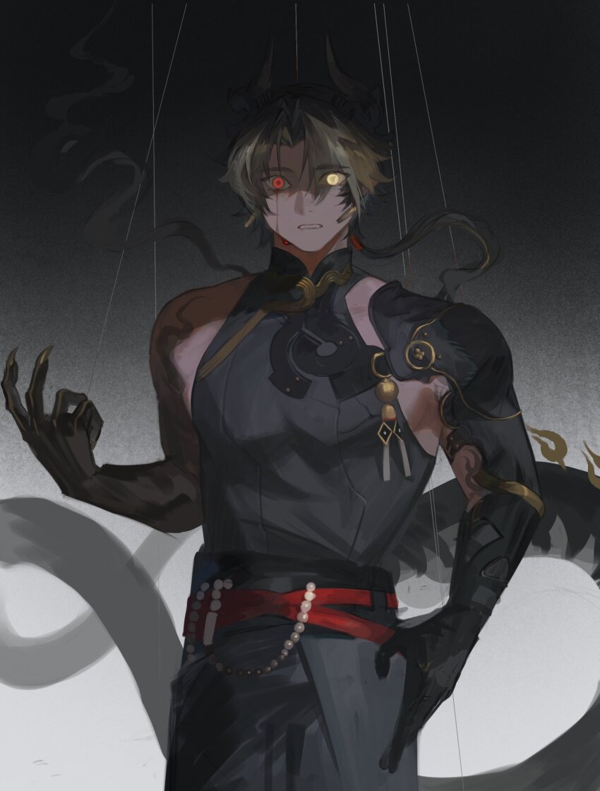 1boy, absurdres, arknights, armor, belt, black_pants, black_shirt, black_skin