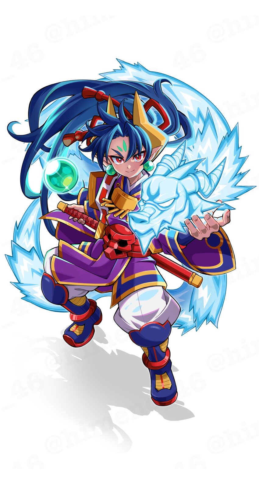 1boy, absurdres, armored_boots, blue_hair, boots, closed_mouth, commentary_request, crystal_ball