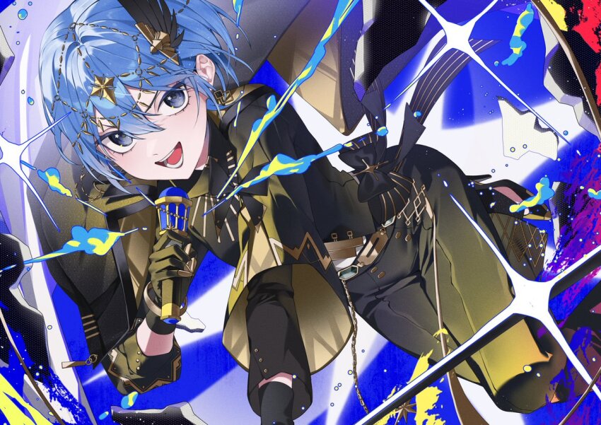 1girl, belt, black_gloves, black_pants, blue_eyes, blue_hair, body_jewelry, bow