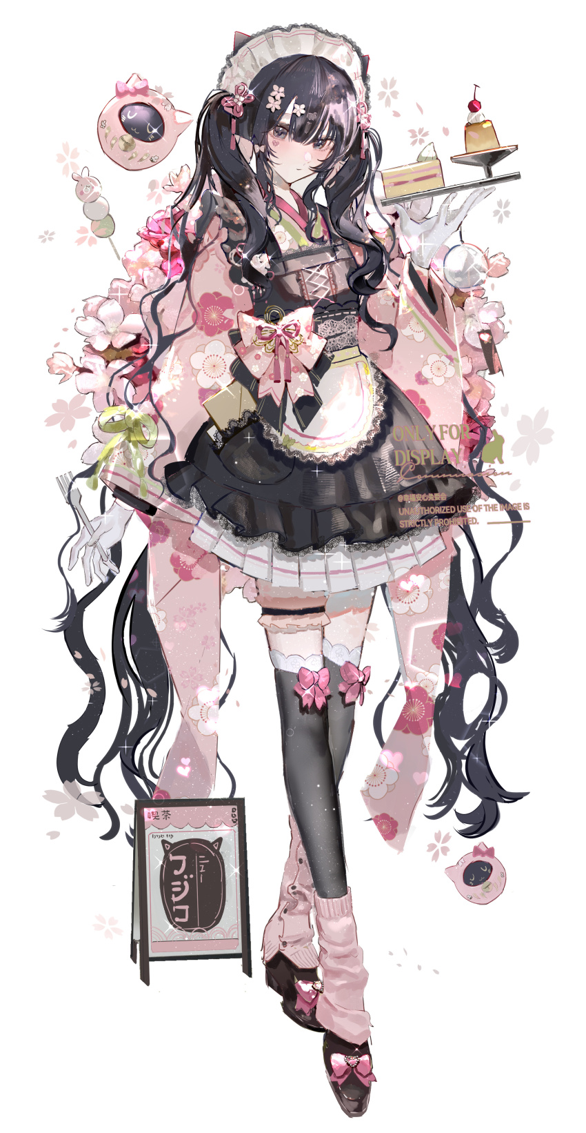 1girl, absurdres, apron, armor, belt, black_bow, black_eyes, black_hair, black_thighhighs, bow, bow_legwear, cake, cherry_blossoms, closed_mouth, commentary, dango, dongsen_xuntu, flower, flower_hairpin, flower_symbol, food, footwear_bow, frills, full_body, hair_flower, hair_ornament, highres, japanese_armor, jirai_kei, lace, lace-trimmed_garter_belt, lace_skirt, lace_trim, long_hair, loose_socks, maid, maid_apron, maid_headdress, original, pink_bow, rabbit, shoulder_armor, sleeve_cuffs, socks, sode, solo, sparkle, spork, standing, untranslatable_commentary, thigh_strap, thighhighs, twintails, wagashi, waist_cape