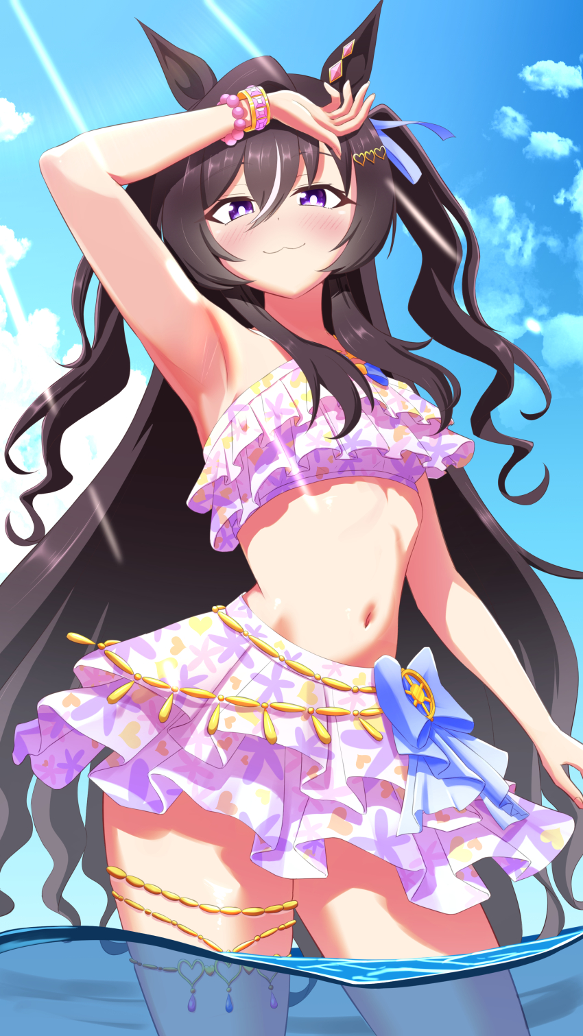 1girl, absurdres, animal_ears, arm_up, armpits, bikini, bikini_skirt, black_hair