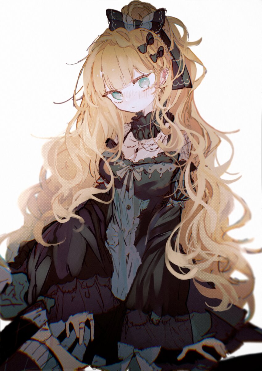 1girl, absurdres, black_bow, black_dress, blonde_hair, blue_eyes, blunt_bangs, bow, breasts, closed_mouth, commentary_request, detached_sleeves, dress, expressionless, hair_bow, highres, kokonama, long_hair, long_sleeves, looking_at_viewer, mahou_shoujo_no_majo_saiban, medium_breasts, saeki_miria, simple_background, sitting, solo, wavy_hair, white_background