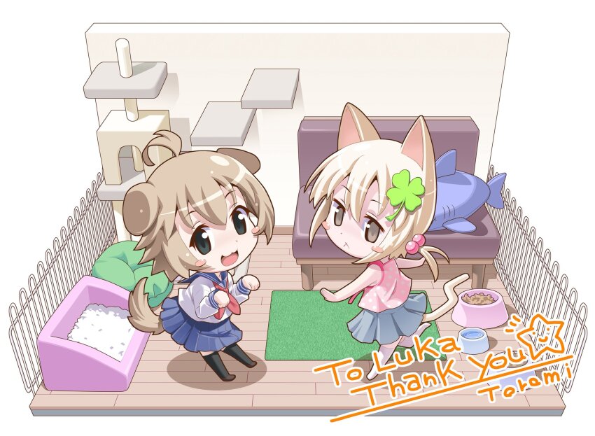2girls, :<, :3, ahoge, animal_ears, blonde_hair, blush_stickers, bowl