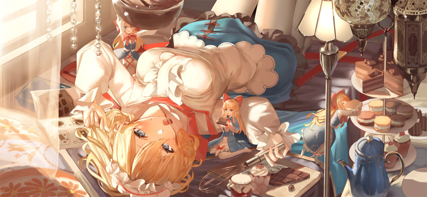4girls, alice_margatroid, alternate_costume, blonde_hair, blue_eyes, blue_skirt, blush, book, bow, breasts, cake, cake_slice, candy, chocolate, chocolate_bar, chocolate_cake, cupcake, doll, food, food_in_mouth, frilled_hairband, frilled_skirt, frills, game_cg, hair_between_eyes, hair_bow, hairband, holding, holding_food, holding_whisk, large_breasts, lolita_hairband, long_sleeves, looking_at_viewer, lying, macaron, mouth_hold, multiple_girls, non-web_source, official_art, on_back, open_book, pantyhose, red_bow, self-datamine, shanghai_doll, shirt, skirt, susukawa_(susucawa), teapot, tiered_tray, touhou, touhou_gensou_eclipse, upside-down, whisk, white_pantyhose, white_shirt