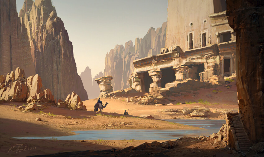 2others, ancient_egyptian, assassin's_creed:_origins, assassin's_creed_(series), camel, canyon, cloud, cloudy_sky, commentary, english_commentary, grass, highres, multiple_others, outdoors, painterly, pillar, pond, raphael-lacoste, riding, riding_animal, rock, ruins, sand, scenery, signature, sky, sunlight