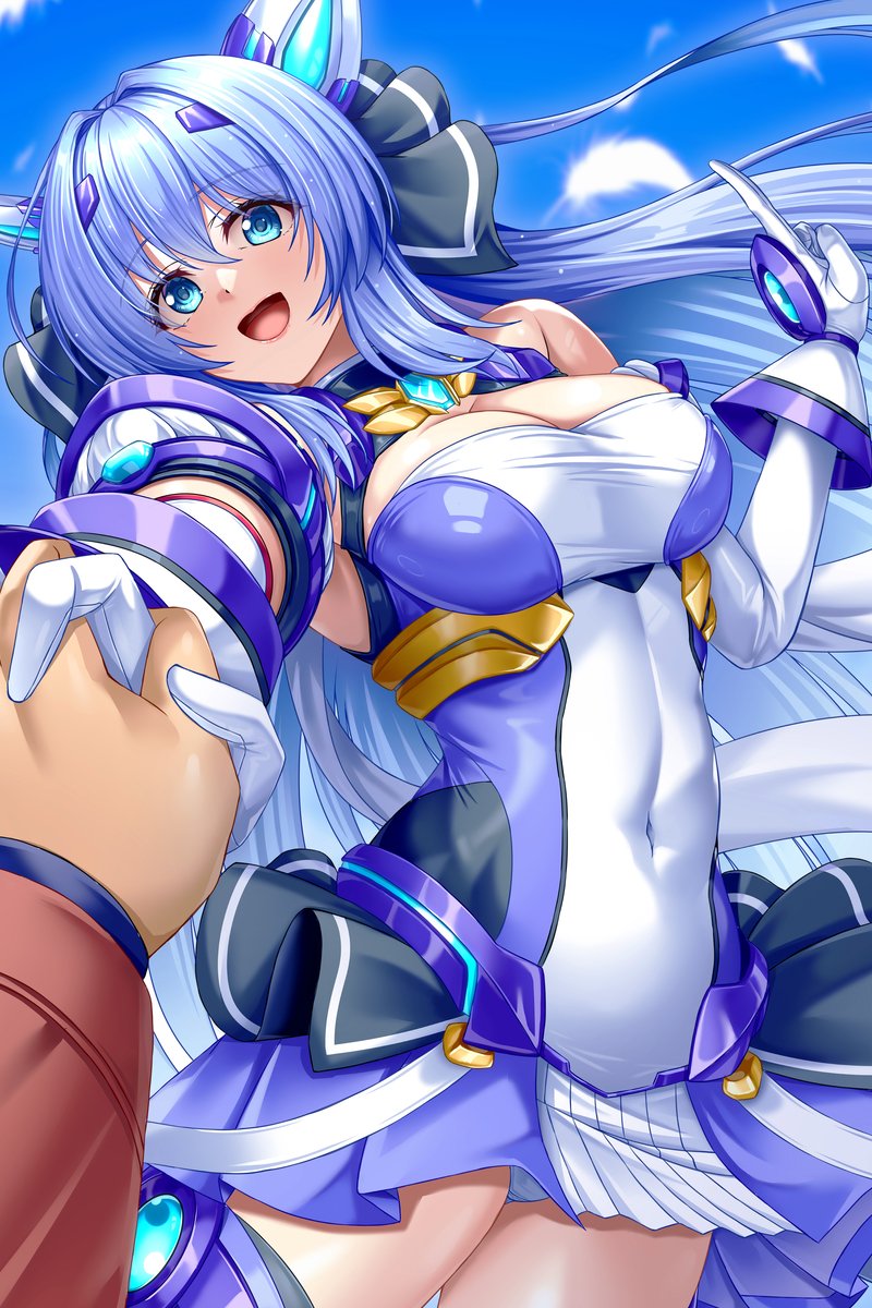 1boy, 1girl, :d, bare_shoulders, black_bow, blue_eyes, blue_hair, blue_sky