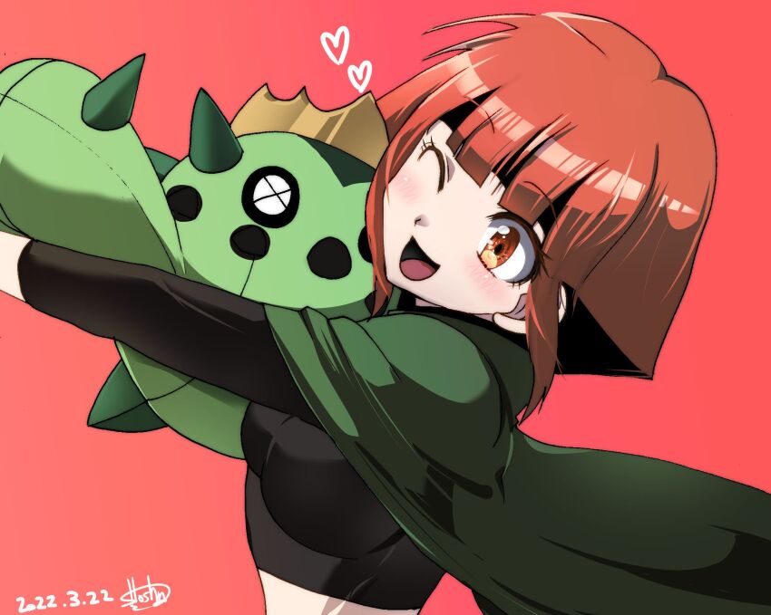 1girl, black_hair, black_shirt, blush, breasts, brown_eyes, brown_hair, cacnea