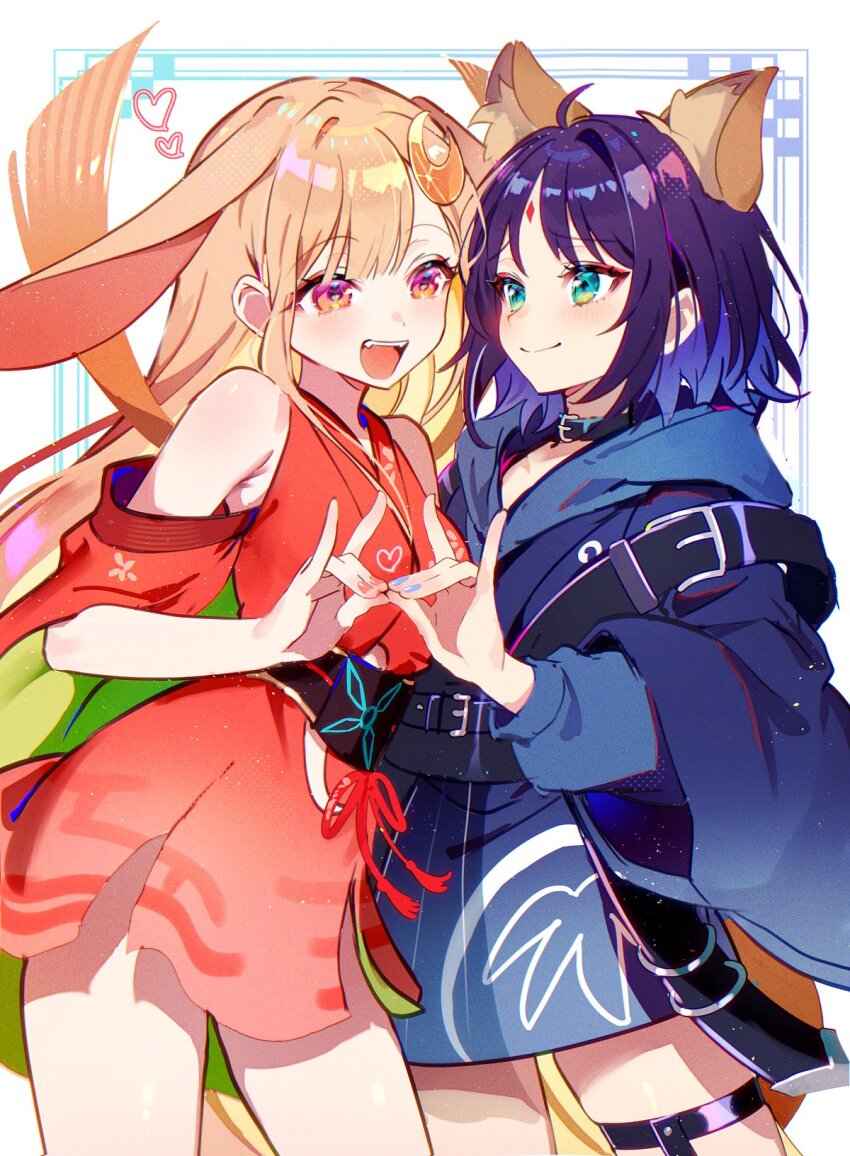 2girls, :d, animal_ears, bare_shoulders, black_choker, blonde_hair, blue_hoodie, blush