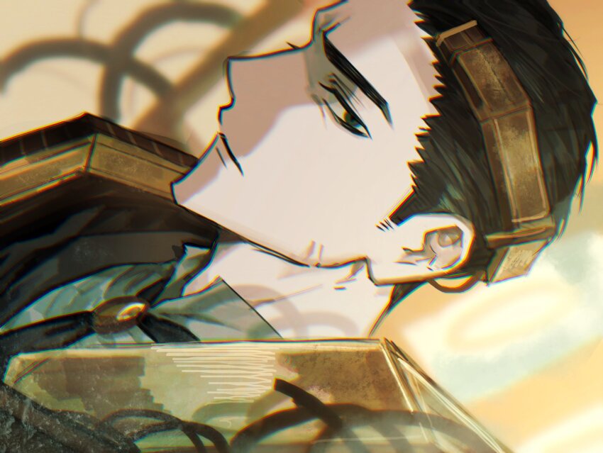 1boy, badge, black_hair, black_necktie, chanil_(muexlku), crushbound_past_(e.g.o), e.g.o_(project_moon), green_eyes