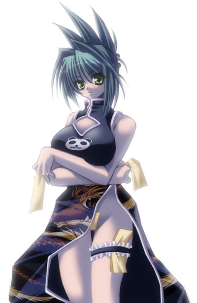 1girl, bare_shoulders, breasts, china_dress, chinese_clothes, cleavage_cutout, clothing_cutout, convenient_censoring, dress, female_focus, green_eyes, green_hair, hakoiri_nyanko, huge_breasts, maebari, matching_hair/eyes, no_panties, ofuda, shaman_king, side_slit, solo, talisman, tao_jun, thigh_strap, thighs