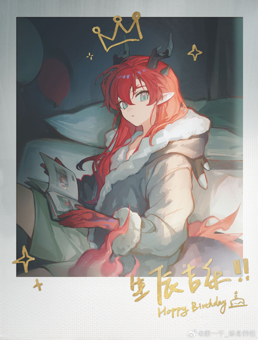 1boy, arknights, arm_tattoo, artist_name, balloon, bed, bedroom, black_horns