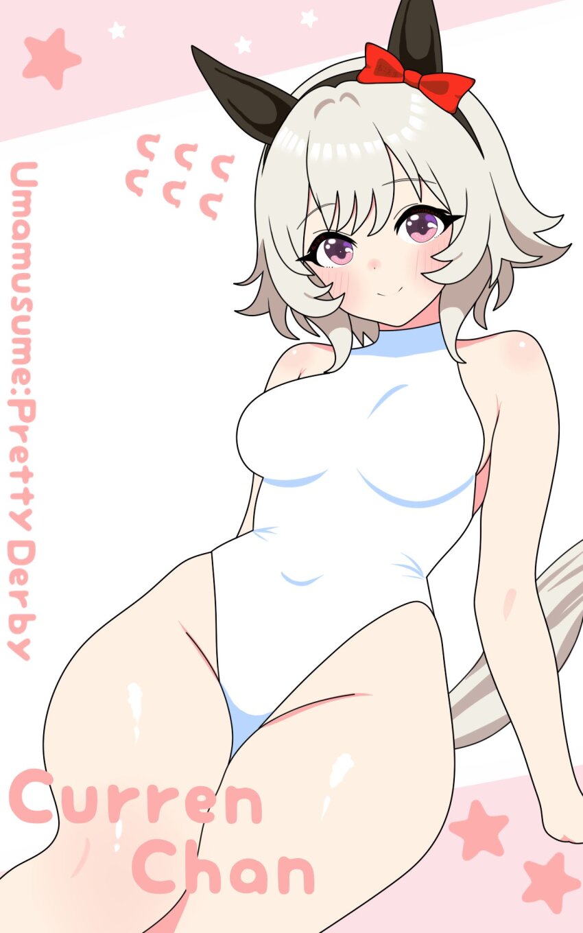 1girl, animal_ears, arm_rest, arm_support, armpit_crease, bare_shoulders, blush, bow, breasts, commentary_request, covered_navel, curren_chan_(umamusume), ear_bow, ear_covers, grey_hair, hair_between_eyes, heattech_leotard, highleg, highleg_leotard, highres, horse_ears, horse_girl, horse_tail, legs_together, leotard, looking_at_viewer, nekosensei, purple_eyes, red_bow, short_hair, simple_background, sleeveless, sleeveless_turtleneck, smile, solo, tail, taut_leotard, thighs, turtleneck, umamusume, umamusume:_road_to_the_top, white_background, white_leotard