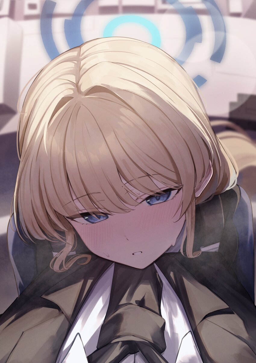 1boy, 1girl, absurdres, black_jacket, black_necktie, blonde_hair, blue_archive, blue_eyes