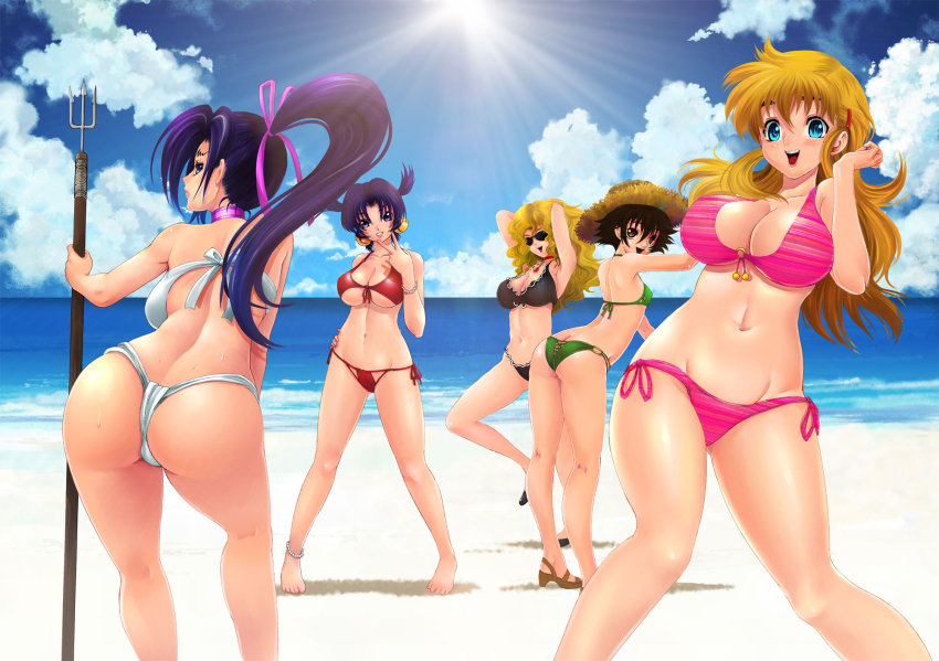 5girls, arms_behind_head, arms_up, ass, beach, bell, bikini, black_bikini