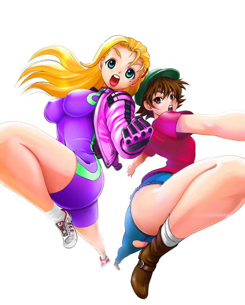 2girls, absurdres, asymmetrical_clothes, blonde_hair, bodysuit, breasts, brown_hair, covered_erect_nipples