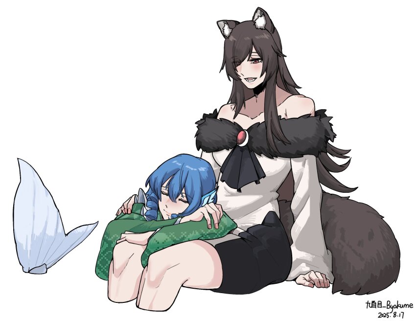 2girls, animal_ears, bare_shoulders, blue_hair, brown_hair, commentary_request, dress, drill_hair, fur-trimmed_dress, fur_trim, hair_over_one_eye, highres, hyoutukiko, imaizumi_kagerou, long_hair, mermaid, monster_girl, multiple_girls, red_eyes, touhou, wakasagihime, white_background, wolf_ears, wolf_girl, yuri