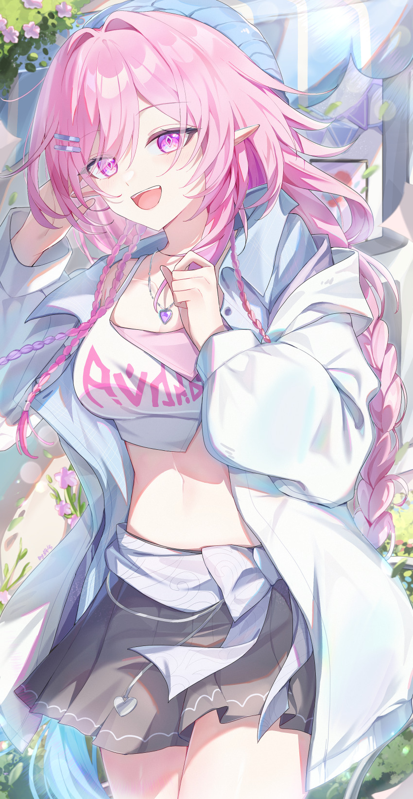 1girl, absurdres, blue_hat, breasts, commentary, cowboy_shot, crop_top, cyrene_(demiurge)_(honkai:_star_rail), cyrene_(honkai:_star_rail), cyrene_(nylon_japan)_(honkai:_star_rail), diamond-shaped_pupils, diamond_(shape), english_commentary, grey_skirt, hair_ornament, hairclip, hands_up, hat, heart, heart_necklace, highres, honkai:_star_rail, honkai_(series), jacket, jewelry, large_breasts, looking_at_viewer, navel, necklace, official_alternate_costume, open_mouth, parallel_hairclips, pink_hair, pointy_ears, shirt, sidelocks, skirt, smile, solo, stomach, symbol-shaped_pupils, thighs, white_jacket, white_shirt, zixi