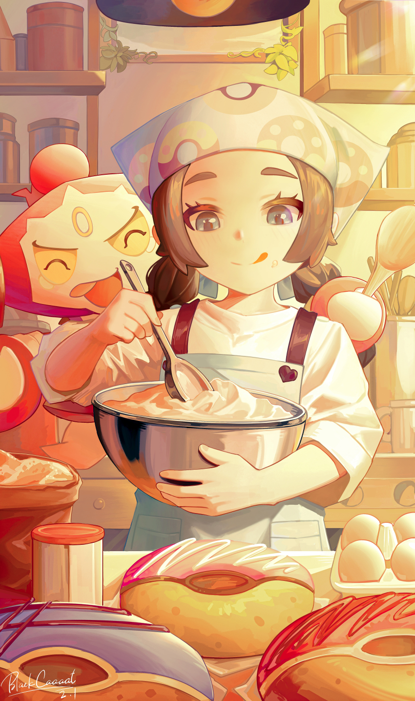 1girl, absurdres, ansha_(pokemon), apron, black_hair, blackcaaaat, blue_apron, blue_eyes