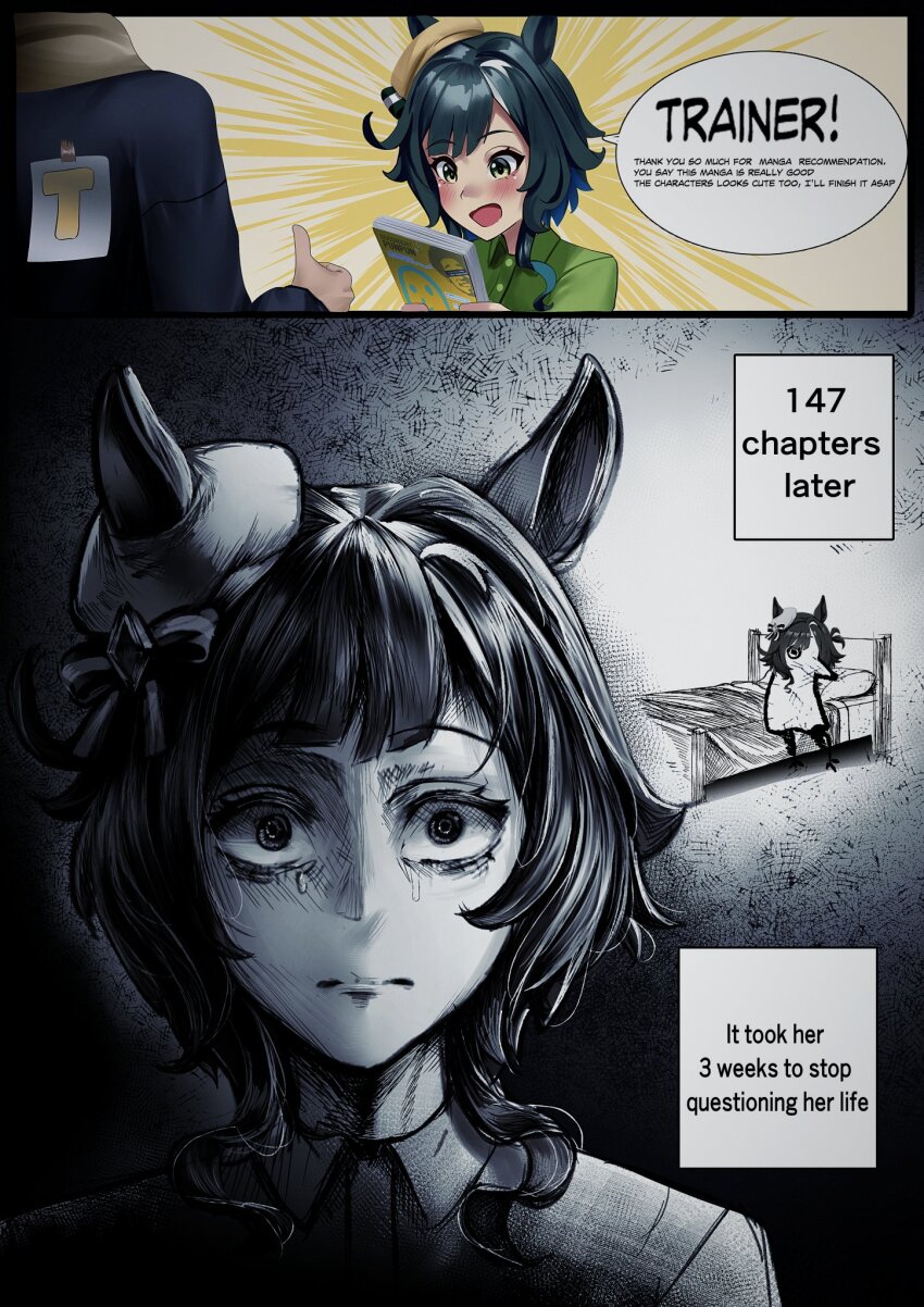 1boy, 1girl, animal_ears, bed, beret, blue_jacket, blush, book, casual, closed_mouth, commentary, ears_through_headwear, english_commentary, english_text, green_eyes, green_hair, green_shirt, hair_between_eyes, hat, highres, holding, holding_book, horse_ears, horse_girl, horse_tail, jacket, kiseki_(casual)_(umamusume), kiseki_(umamusume), manjo_(warito), multicolored_hair, open_mouth, oyasumi_punpun, shirt, short_hair, smile, speech_bubble, t-head_trainer_(umamusume), tail, tape, thumbs_up, trainer_(umamusume), umamusume, white_streaks, yellow_hat