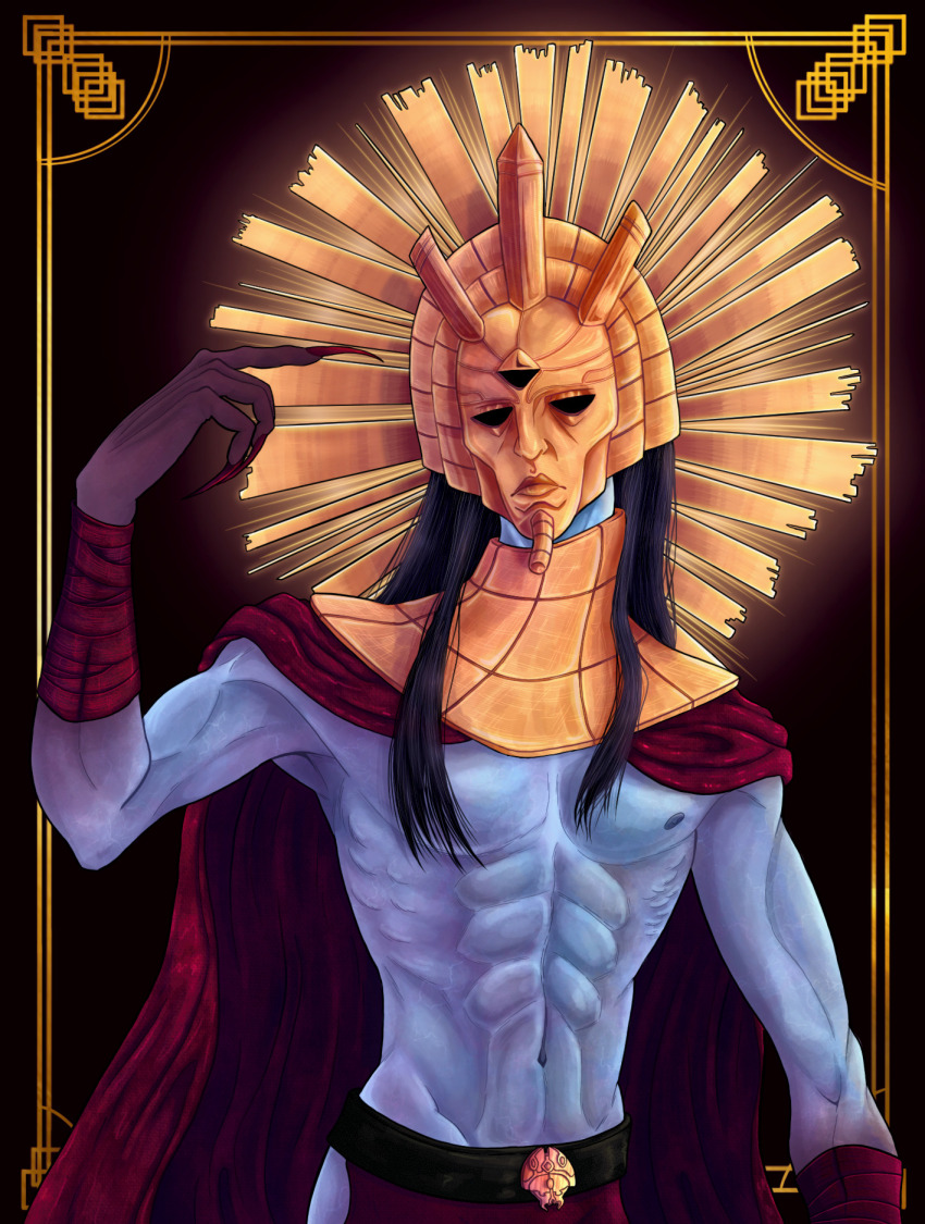 1boy, abs, armband, black_hair, border, box-en, cape, claws