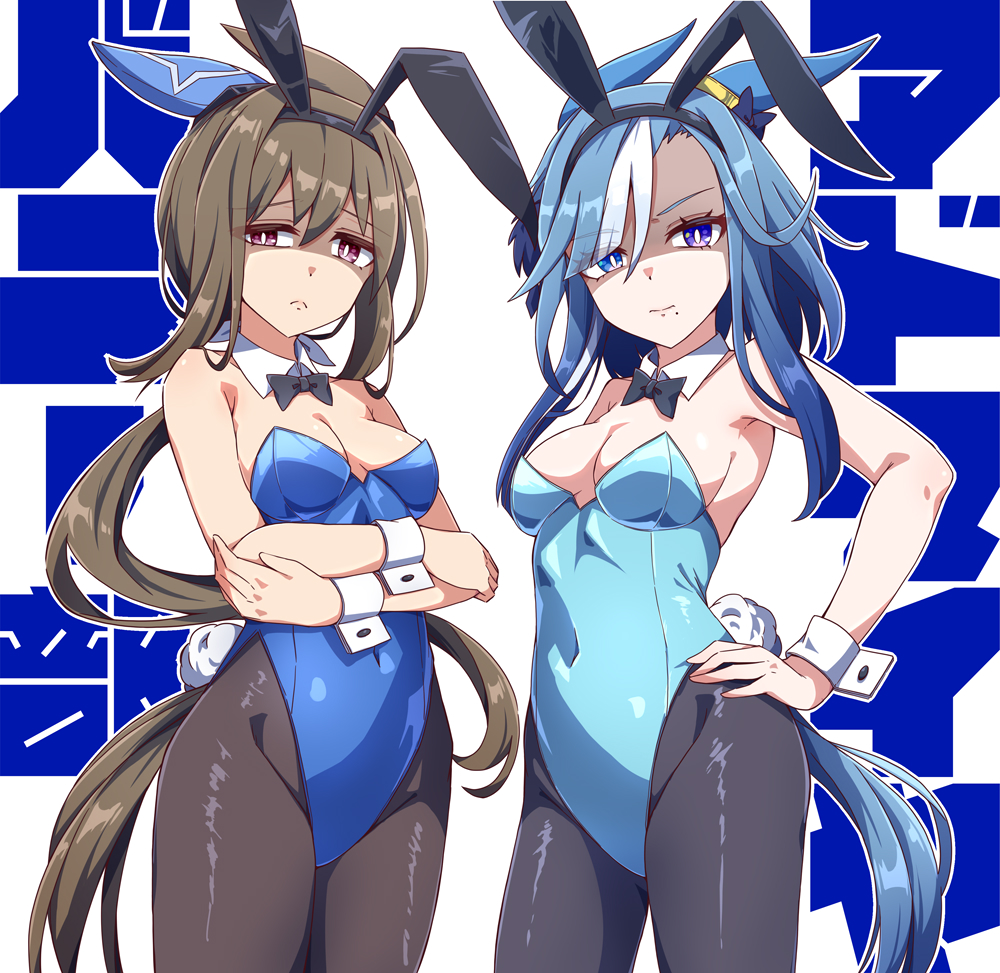 2girls, admire_groove_(umamusume), admire_vega_(umamusume), animal_ears, bare_shoulders, black_bow, black_bowtie, black_hairband