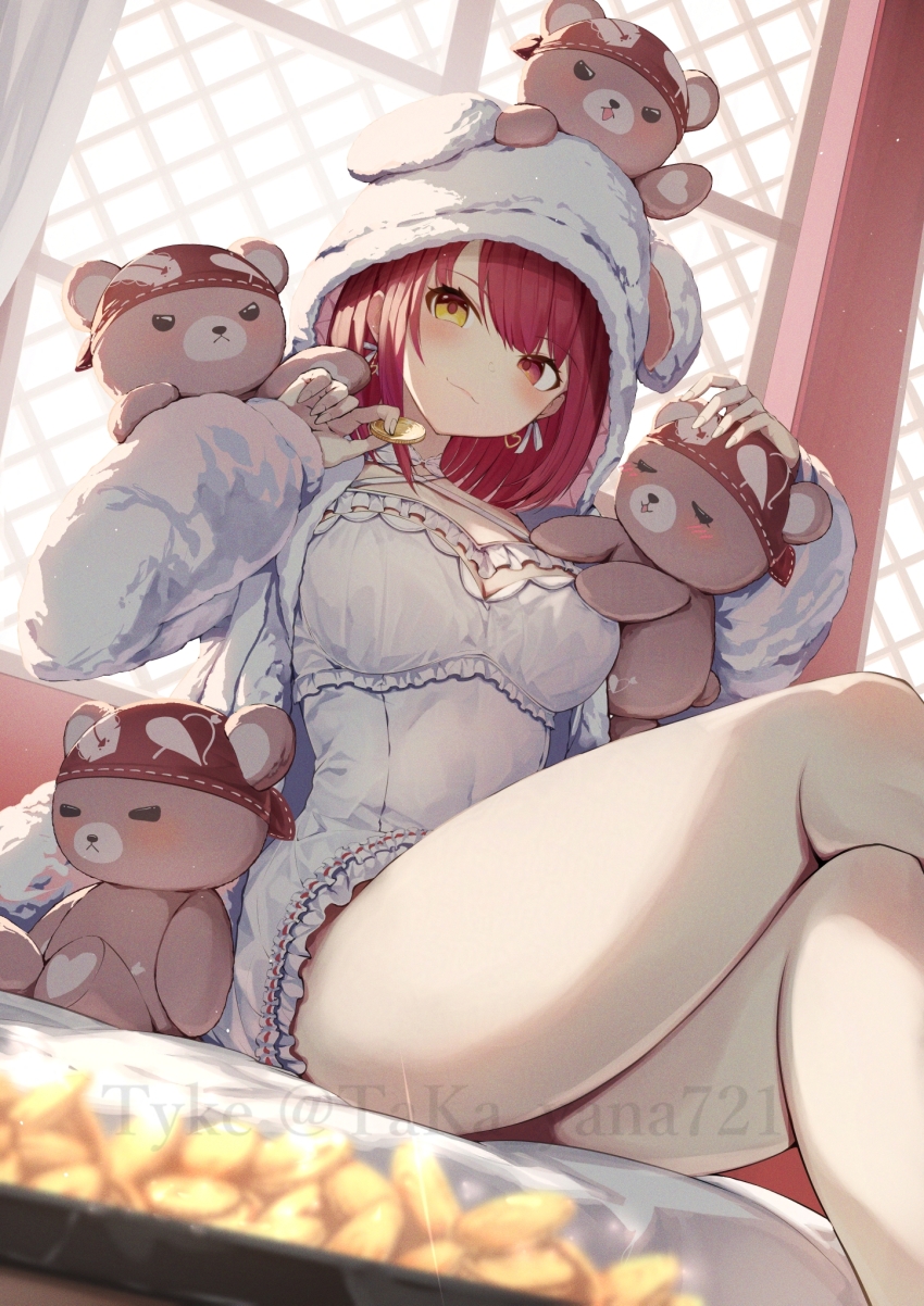 1girl, animal_hood, arrow_through_heart, bear_hood, blurry, blurry_foreground, blush, breasts