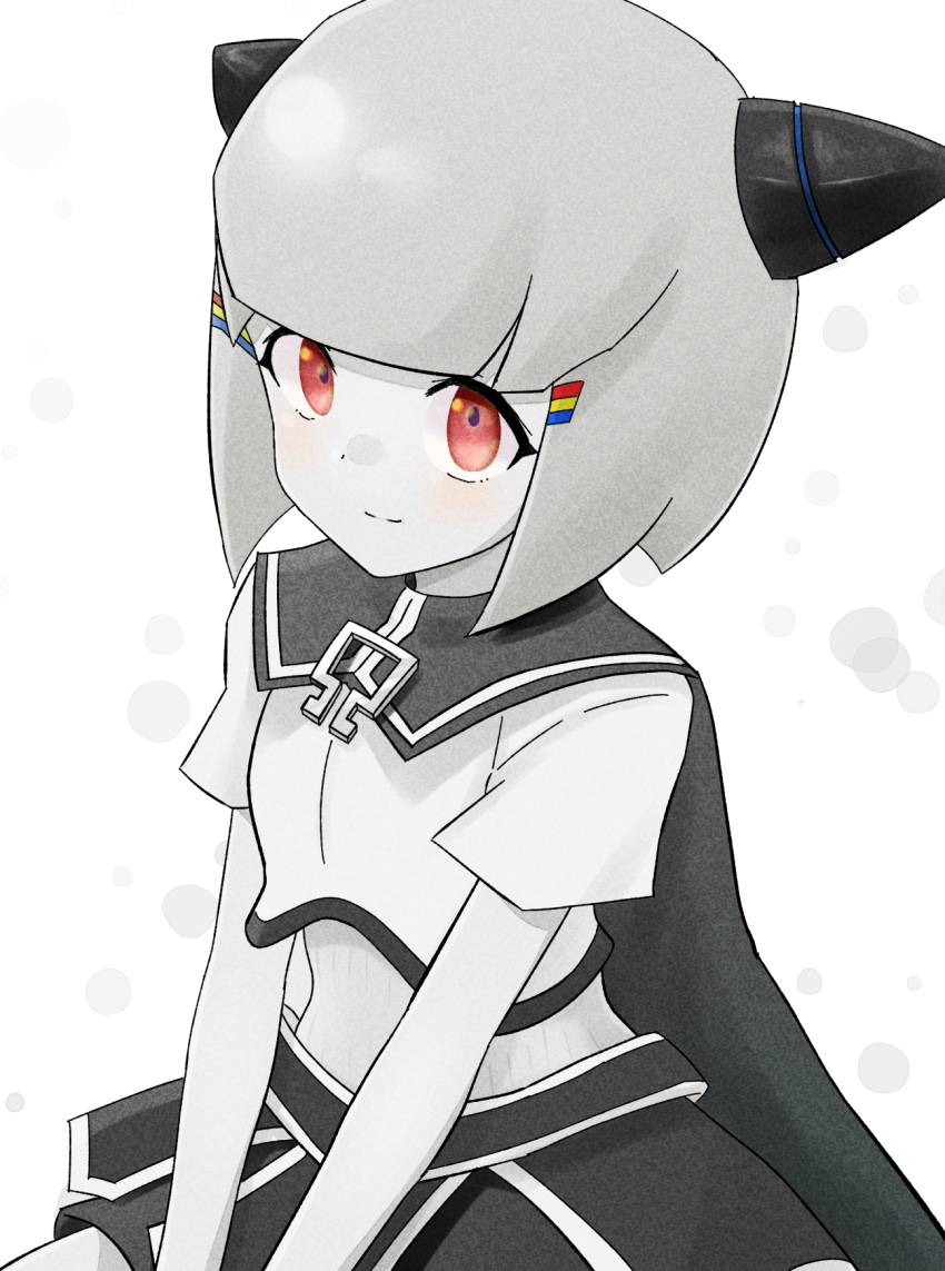 1girl, blunt_bangs, blush, cape, closed_mouth, commentary, cowboy_shot, greyscale, highres, horns, looking_up, mechanical_horns, medium_hair, monochrome, omega-chan_(omega_sisters), omega_sisters, omega_symbol, red_eyes, reitowikan, shirt, short_sleeves, sitting, smile, solo, spot_color, virtual_youtuber, white_background