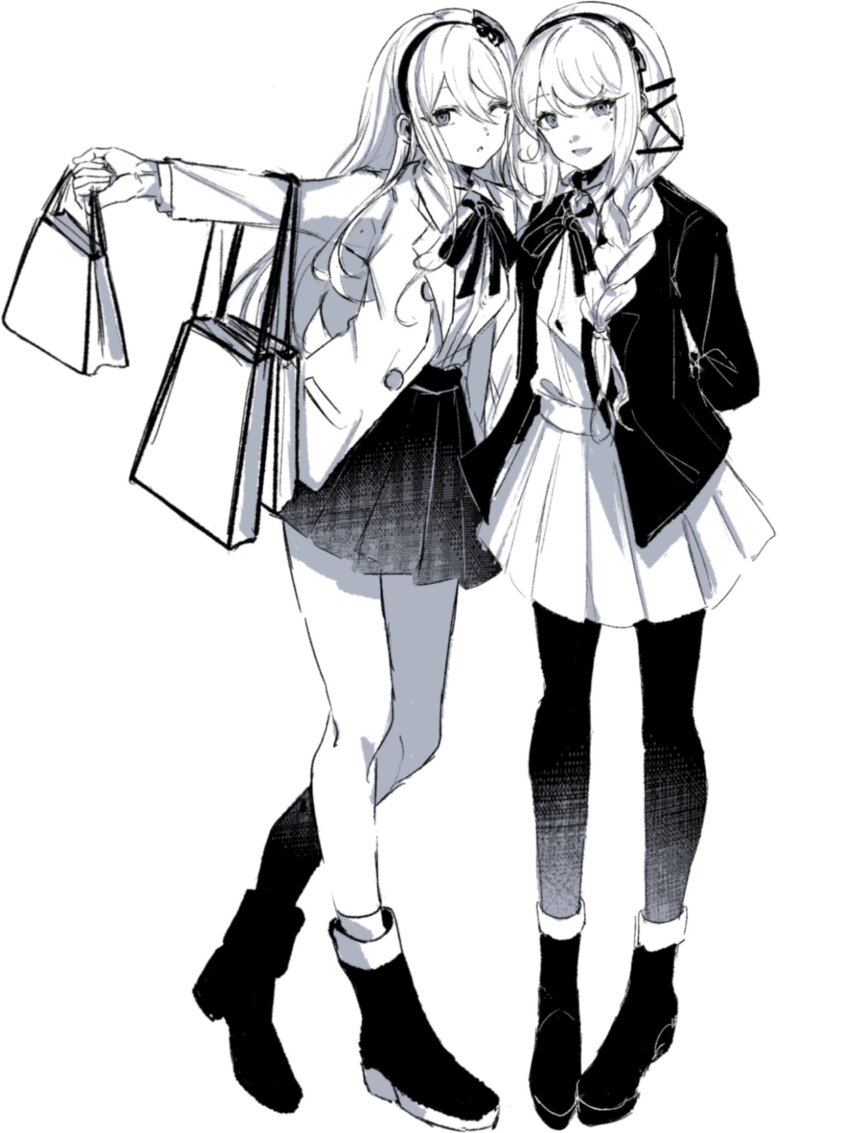 2girls, arm_behind_back, bag, boots, braid, greyscale, hairband, highres, holding, holding_bag, jacket, kashimiya_karua, kirifuji_nozomi, long_hair, looking_at_viewer, mero_(merope_hika), monochrome, multiple_girls, neck_ribbon, one_eye_closed, open_clothes, open_jacket, open_mouth, pantyhose, pleated_skirt, ribbon, shopping_bag, sidelocks, simple_background, skirt, the_hundred_line_-last_defense_academy-, very_long_hair