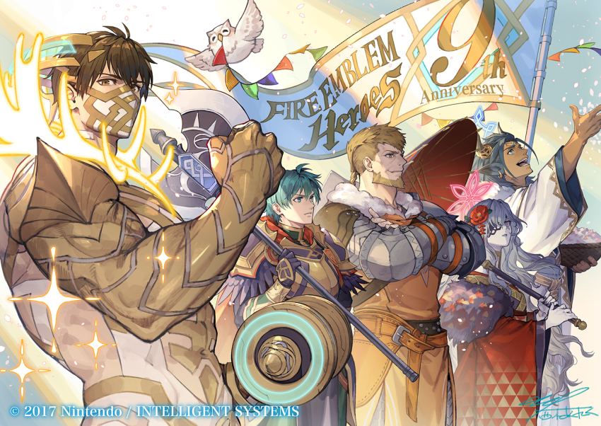 1girl, abs, animal_ears, armor, askr_(fire_emblem), askr_(new_year)_(fire_emblem), axe, battle_axe, beak, beard, biceps, bird, blonde_hair, blue_eyes, brown_eyes, brown_hair, cape, closed_mouth, cow_horns, crossed_arms, dark-skinned_male, dark_skin, eikthyrnir_(fire_emblem), eikthyrnir_(resolved_to_train)_(fire_emblem), embla_(fire_emblem), embla_(new_year)_(fire_emblem), ephraim_(fire_emblem), ephraim_(sacred_twin_lord)_(resplendent)_(fire_emblem), eyepatch, facial_hair, feh_(fire_emblem_heroes), fire_emblem, fire_emblem:_the_sacred_stones, fire_emblem:_three_houses, fire_emblem_heroes, flag, flying, full_armor, full_beard, fur-trimmed_kimono, fur_trim, gold_trim, green_hair, holding, holding_axe, holding_flag, holding_umbrella, horns, japanese_clothes, jeralt_reus_eisner, kimono, lace-trimmed_eyepatch, large_pectorals, long_hair, long_sleeves, male_focus, mask, mature_male, mouth_mask, multiple_boys, muscular, muscular_male, nintendo, nishiki_areku, official_alternate_costume, official_art, oil-paper_umbrella, open_mouth, orange_tunic, owl, pale_skin, pectorals, red_cape, red_eyes, red_kimono, short_hair, smile, tunic, umbrella, weapon, white_hair, white_kimono, wings