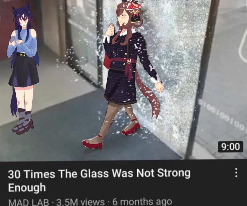 2girls, animal_ears, black_jacket, black_skirt, blue_hair, blue_shirt, braid, braided_hair_rings, brown_hair, brown_pantyhose, brown_shoes, casual, commentary, ear_covers, english_commentary, english_text, gentildonna_(casual)_(umamusume), gentildonna_(umamusume), glass, gnvr, hair_between_eyes, hair_rings, heart-shaped_ornament, heart_ear_ornament, high_heels, highres, horse_ears, horse_girl, jacket, long_hair, long_sleeves, looking_at_another, mole, mole_under_eye, multiple_girls, pantyhose, red_eyes, screencap, shirt, shoes, skirt, umamusume, verxina_(casual)_(umamusume), verxina_(umamusume), youtube