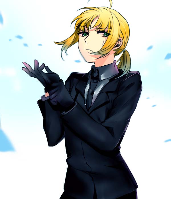 1girl, adjusting_clothes, adjusting_gloves, ahoge, artoria_pendragon_(fate), bad_id, bad_pixiv_id, black_gloves, blonde_hair, dbs082174, fate/stay_night, fate/zero, fate_(series), female_focus, formal_clothes, gloves, green_eyes, necktie, pant_suit, pants, ponytail, saber_(fate), solo, suit