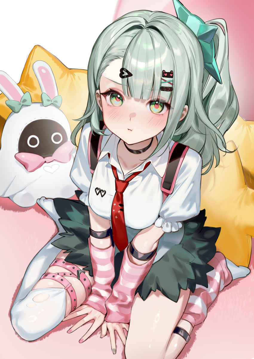 1girl, :t, absurdres, arm_warmers, bandaid, bandaid_hair_ornament, bangboo_(zenless_zone_zero), black_skirt