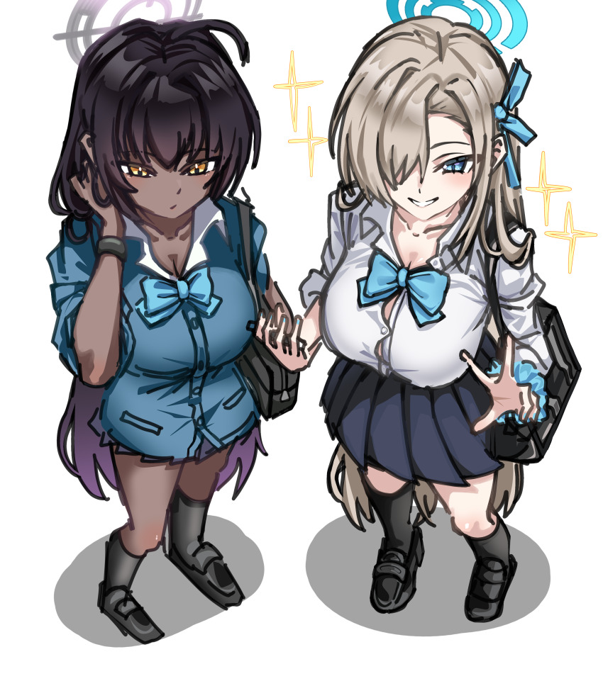 2girls, absurdres, asuna_(blue_archive), bag, black_shoes, black_socks, blonde_hair, blue_archive