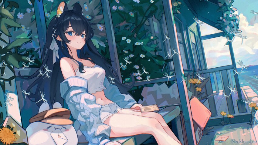 1girl, absurdres, animal_ears, bare_legs, bare_shoulders, black_hair, bloomers, blue_cardigan