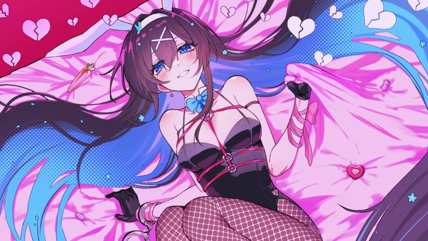 1girl, animal_ear_hairband, animal_ears, arm_wrap, bare_shoulders, black_gloves, black_hair, black_leotard