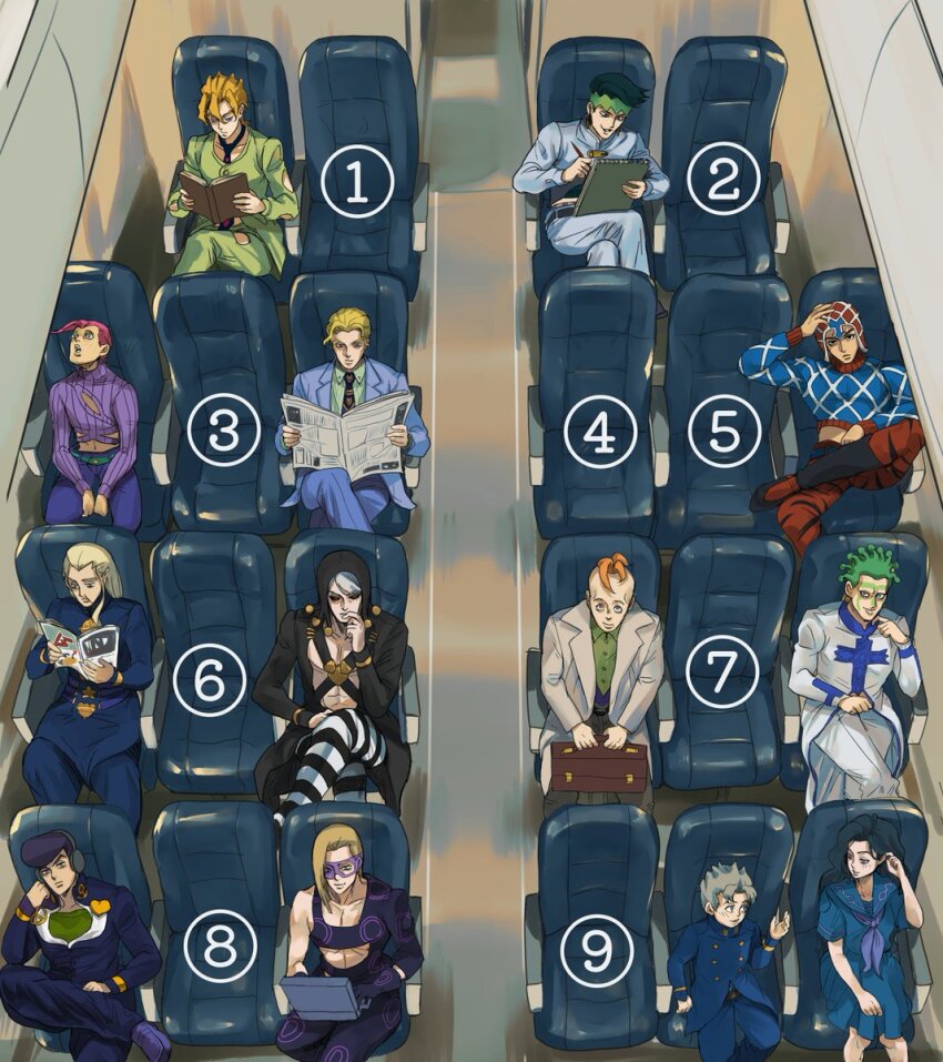 1girl, 6+boys, aircraft, airplane, airplane_interior, black_hair, blonde_hair, book, cioccolata, commentary_request, crossed_legs, diamond_wa_kudakenai, domino_mask, drawing_(action), eye_mask, green_hair, green_shirt, guido_mista, hazekura_mikitaka, headphones, higashikata_josuke, highres, hirose_koichi, holding, holding_book, holding_newspaper, indoors, jojo_no_kimyou_na_bouken, kinoto_masazo, kira_yoshikage, kishibe_rohan, kitsunewara, long_hair, looking_at_viewer, looking_up, mask, melone, meme, multiple_boys, newspaper, pants, purple_sweater, reading, red_eyes, risotto_nero, school_uniform, shirt, sitting, skull_print, smile, striped_clothes, striped_pants, sweater, vento_aureo, vinegar_doppio, where_are_you_sitting_(meme), white_hair, yamagishi_yukako
