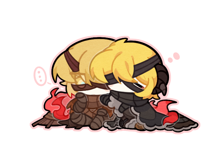 ..., 1boy, 1girl, azhong_123, bandage_over_one_eye, bandaged_arm, bandaged_leg, bandages, black_bandages, black_cape, black_hat, black_horns, blonde_hair, cape, closed_eyes, don_quixote_(project_moon), facing_another, hand_on_own_face, hand_up, hat, heishou_pack-wei_branch_(identity)_(project_moon), heishou_pack-you_branch_(identity)_(project_moon), horns, limbus_company, project_moon, short_hair, side-by-side, sinclair_(project_moon), sitting, spoken_ellipsis, unworn_hat, unworn_headwear, yellow_eyes