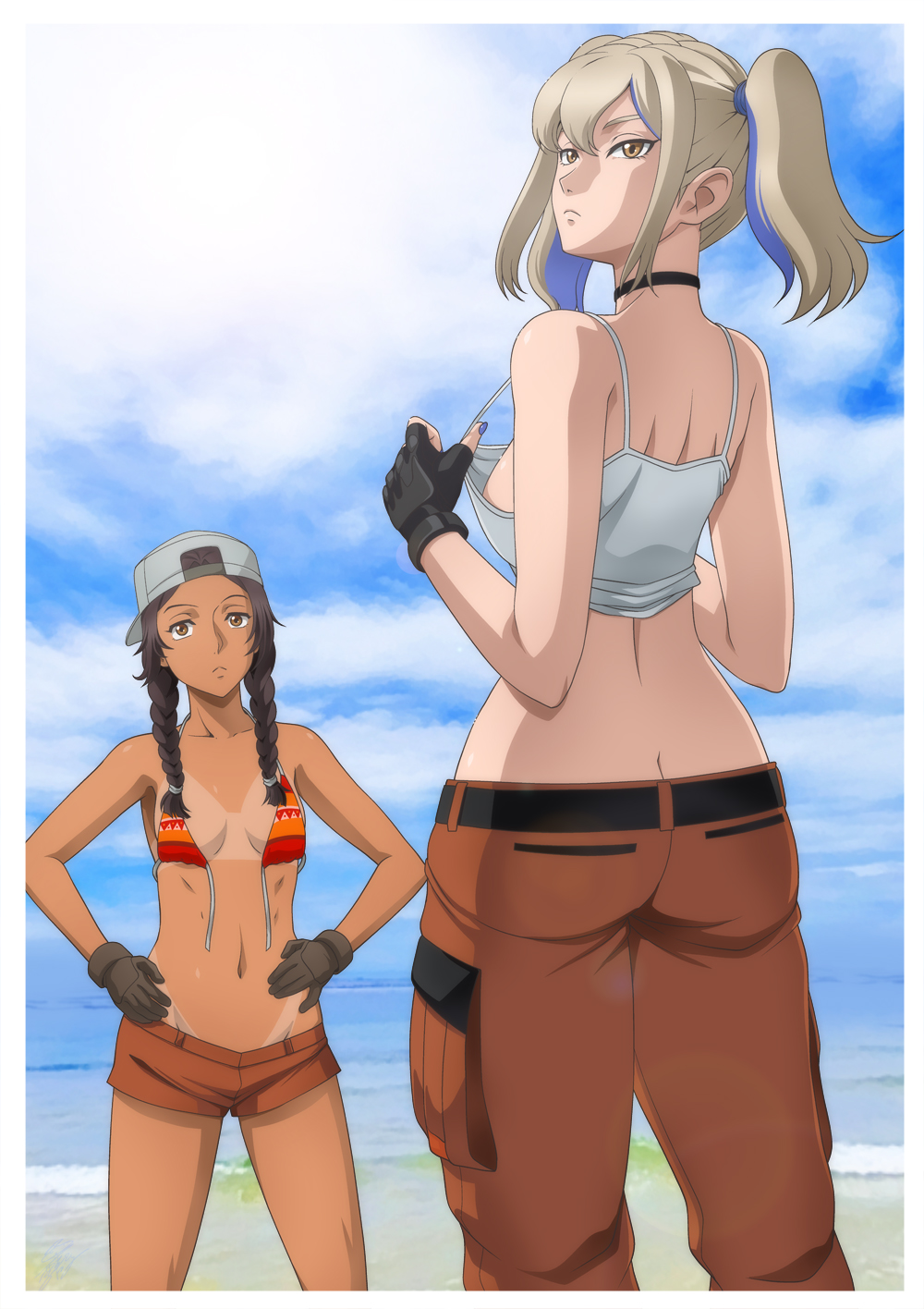 2girls, beach, bikini, braid, breasts, butt_crack, commentary_request, dark-skinned_female, dark_skin, expressionless, gloves, gundam, gundam:_hathaway's_flash, hala_morley, highres, julia_suga, kaname_aomame, looking_at_viewer, looking_back, looking_up, medium_breasts, multicolored_hair, multiple_girls, ocean, swimsuit, tan, tank_top, tanline, twintails, two-tone_hair