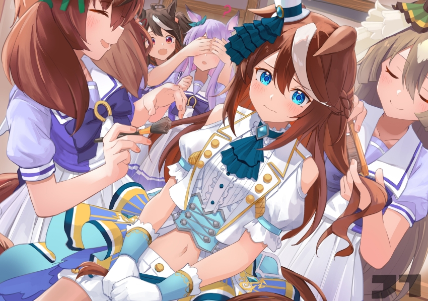 5girls, absurdres, ahoge, animal_ears, ascot, bare_shoulders, black_hair, blue_ascot