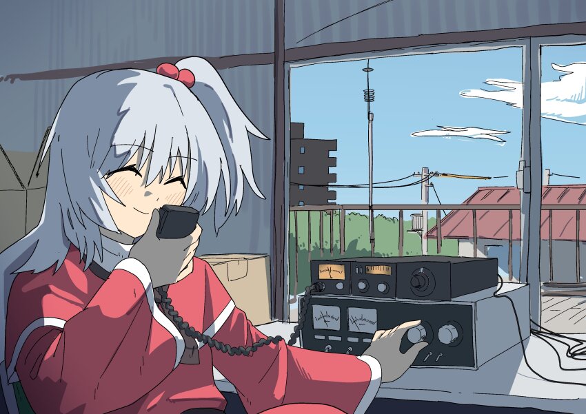 1girl, ^_^, absurdres, beads, blue_sky, blush_stickers, box, closed_eyes