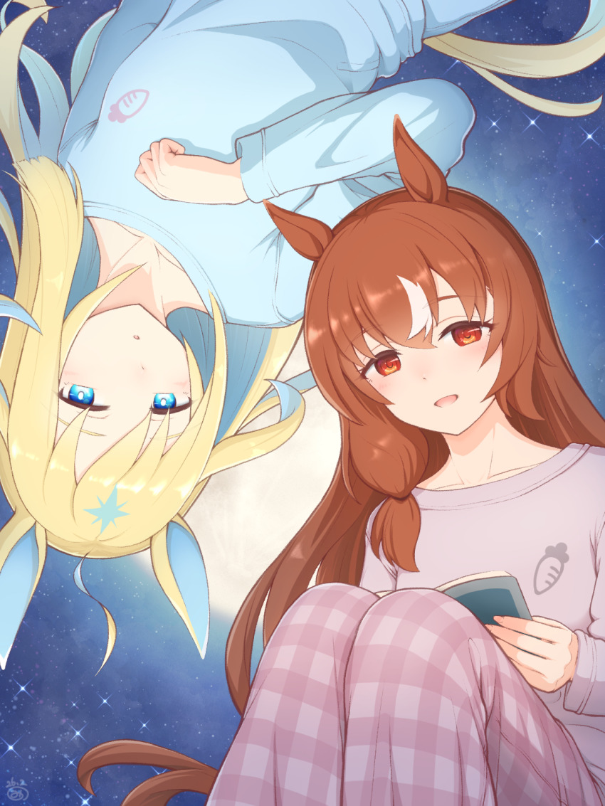 2girls, ahoge, animal_ears, blonde_hair, blue_eyes, blue_hair, blue_pajamas, blue_pants