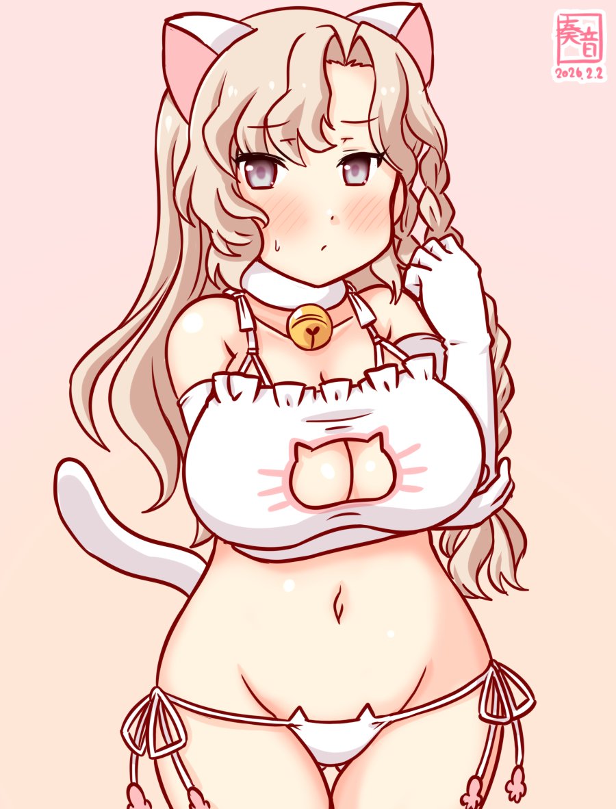 1girl, alternate_costume, animal_cutout, artist_logo, blonde_hair, breasts, cat_cutout, cat_ear_panties