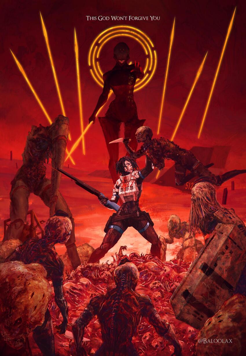 1girl, absurdres, adler_(signalis), armor, baloolax, black_hair, blood, blood_on_clothes, blood_on_face, breastplate, commentary, corrupted_ara_(signalis), corrupted_eule_(signalis), corrupted_storch_(signalis), doom_(series), doom_cover_parody, elster_(signalis), english_commentary, english_text, falke_(signalis), finger_on_trigger, gun, guro, hair_over_one_eye, highres, holding, holding_gun, holding_knife, holding_weapon, knife, laser_sight, official_alternate_costume, one_man_army, pale_skin, parody, red_theme, rifle, rip_and_tear_(phrase), short_hair, signalis, solo_focus, surrounded, variant_set, weapon, zombie