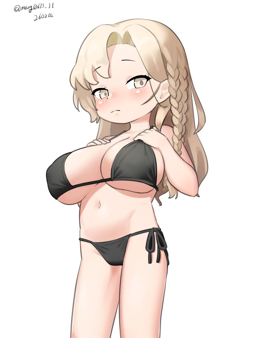 1girl, absurdres, bikini, black_bikini, blonde_hair, braid, breasts, commentary_request, eidsvold_(kancolle), feet_out_of_frame, gradient_hair, highres, kantai_collection, large_breasts, long_hair, maru_(marg0613), multicolored_hair, one-hour_drawing_challenge, oppai_loli, side-tie_bikini_bottom, simple_background, single_braid, solo, standing, swimsuit, white_background, yellow_eyes